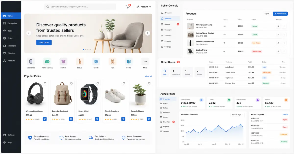 Ecommerce platform showing consumer storefront, seller catalog management, and admin revenue oversight