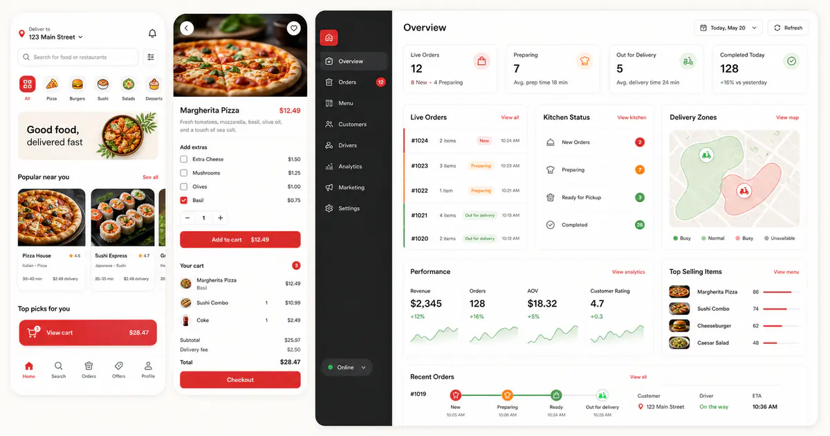 Food delivery application with consumer restaurant ordering and admin live order operations dashboard