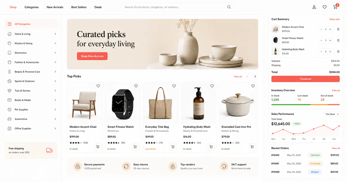 Multi-vendor marketplace storefront with curated products, cart summary, inventory, and sales analytics