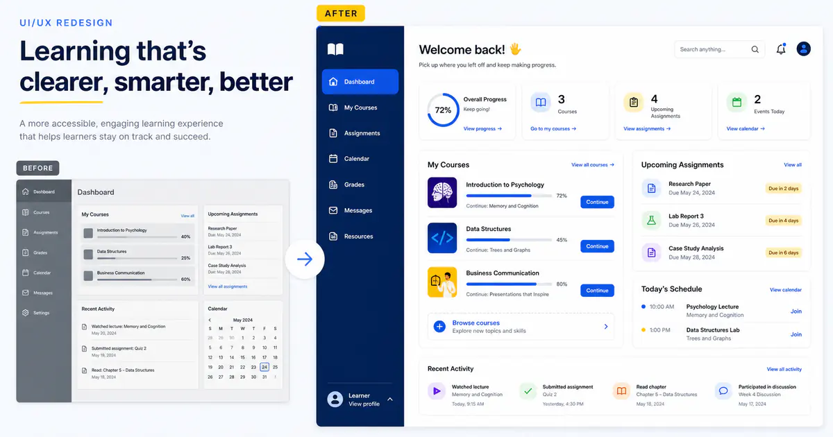 Before and after comparison of an accessible online learning dashboard redesign