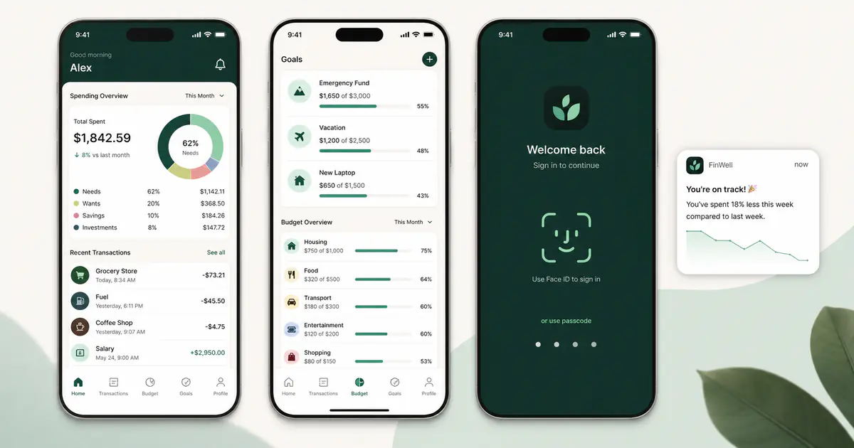 Three personal finance mobile app screens showing spending, savings goals, budgets, and biometric sign-in