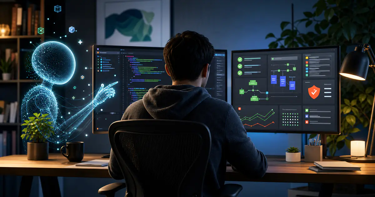 Developer using an AI coding assistant for code generation, tests, refactoring, documentation, and security checks