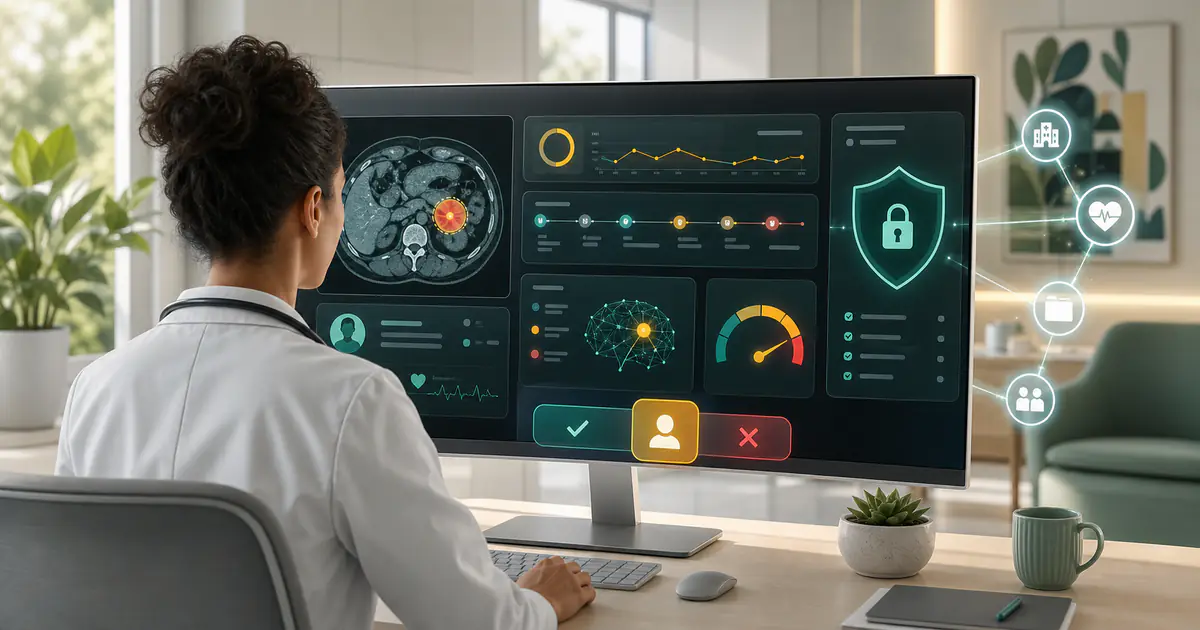 Healthcare AI interface combining clinical data, medical imaging, privacy safeguards, and clinician oversight