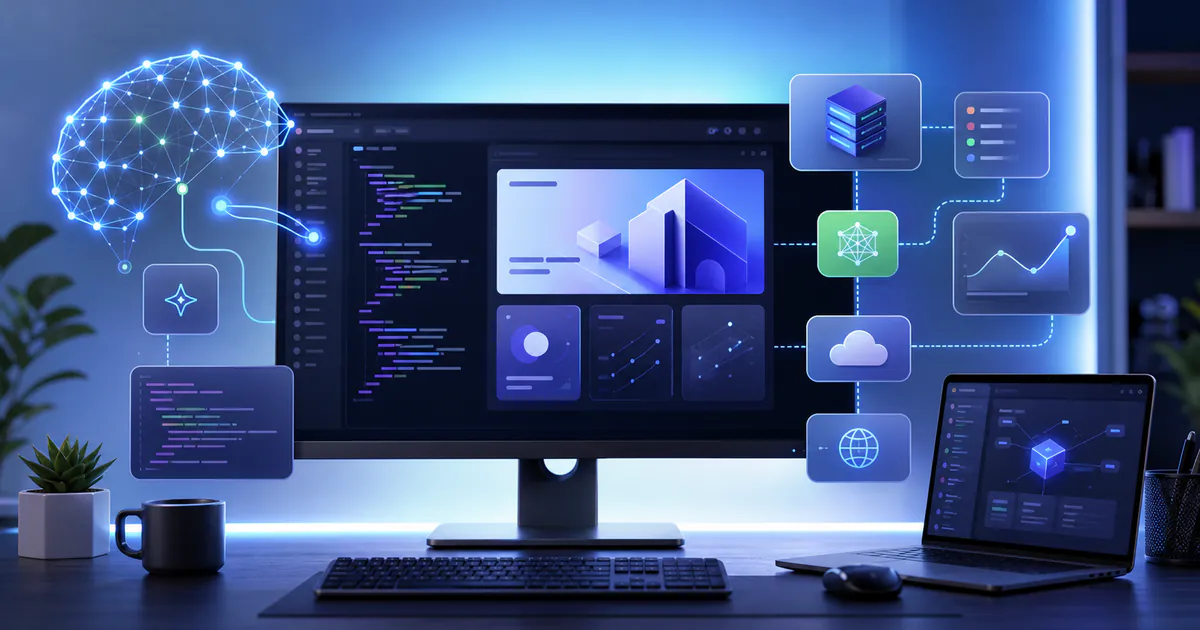 AI-assisted Next.js development workspace with React UI panels, server components, edge functions, and cloud nodes
