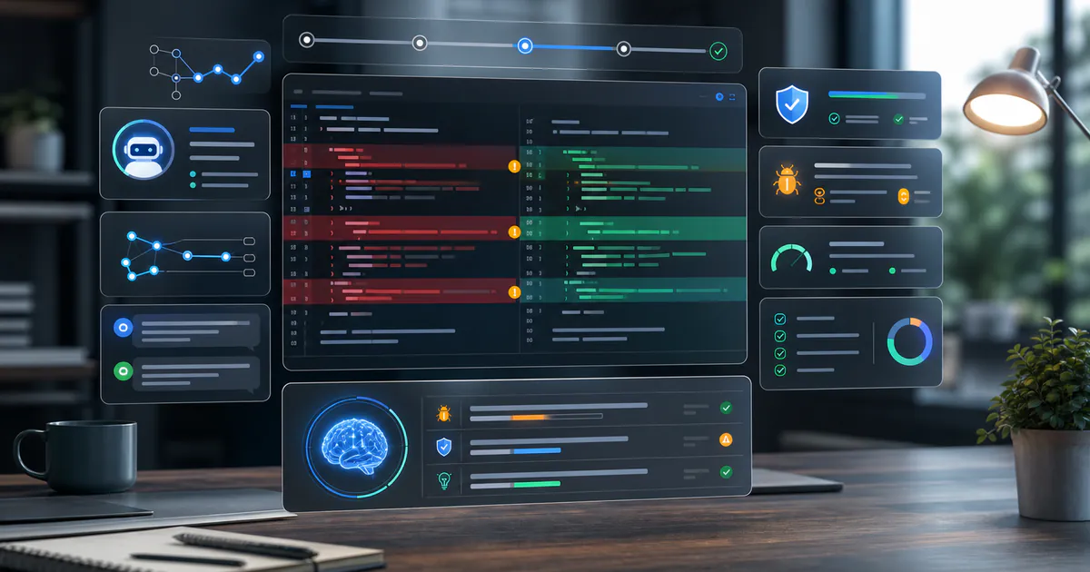 AI-powered code review dashboard showing pull request diffs, security checks, bug markers, and testing workflow panels