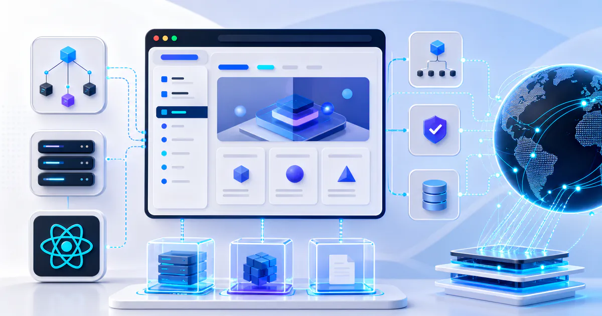 Next.js web development architecture with React app panels, server rendering blocks, API routes, and global edge delivery