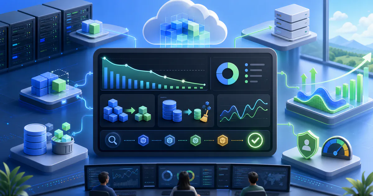 Cloud cost optimization dashboard with FinOps charts, autoscaling resources, storage cleanup, and infrastructure savings signals
