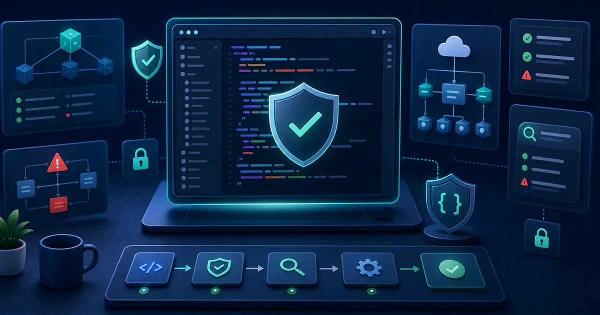 Secure coding workspace with protected code editor, API security panels, dependency scans, and DevSecOps controls