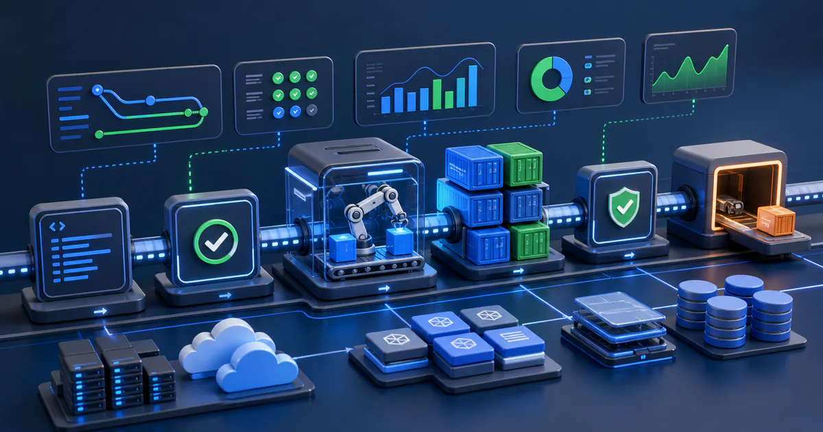 DevOps automation pipeline with CI/CD stages, containers, infrastructure modules, observability charts, and release gates