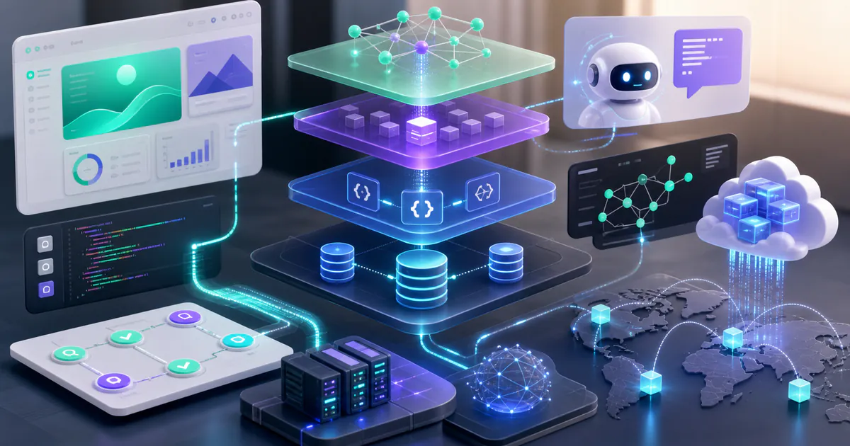 Future full-stack development architecture with AI copilot, frontend UI, API layer, database, serverless cloud, and edge network