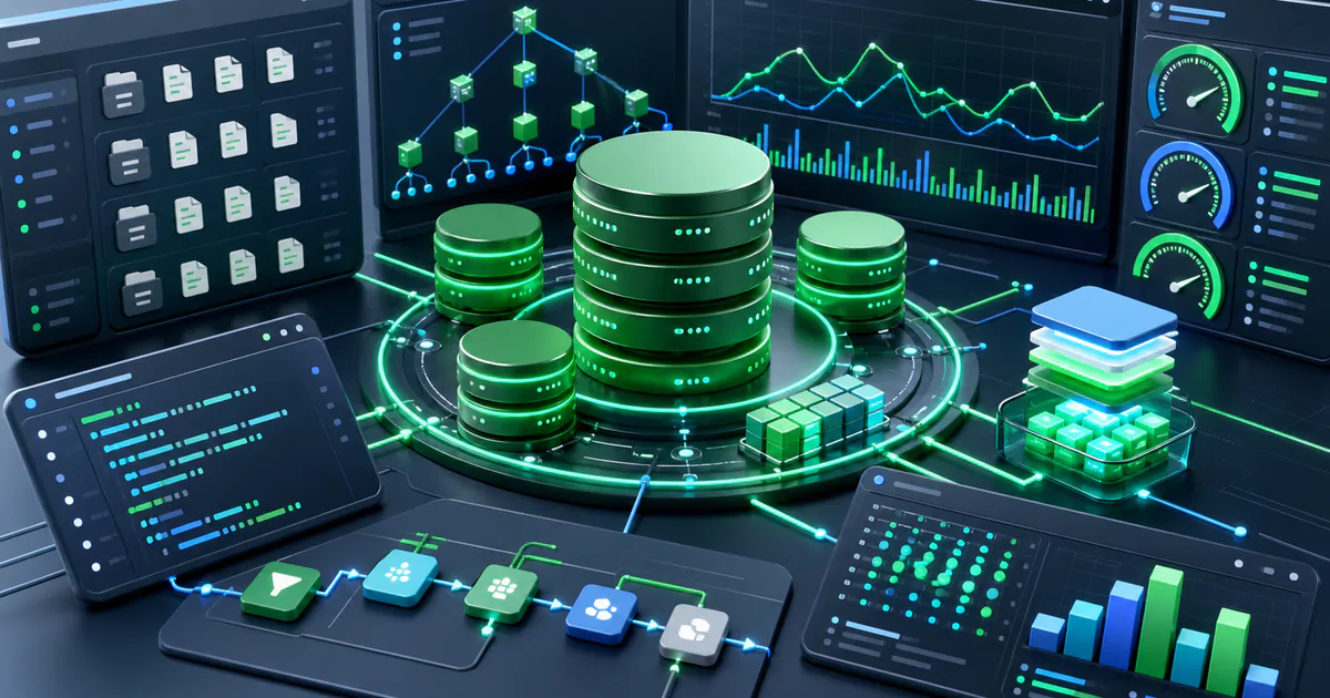 MongoDB performance tuning dashboard with database clusters, index trees, query profiler charts, aggregation stages, and cache layer