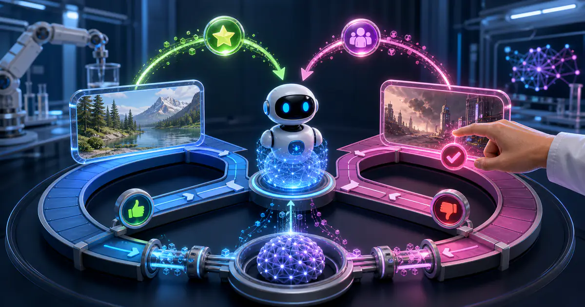 Reinforcement learning feedback loop with agent, environment, rewards, human preferences, and model updates