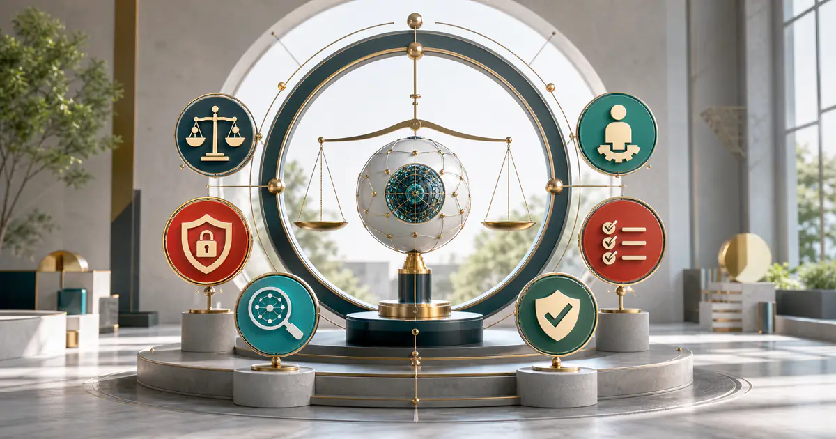 Balanced responsible AI framework showing fairness, privacy, transparency, safety, and human oversight