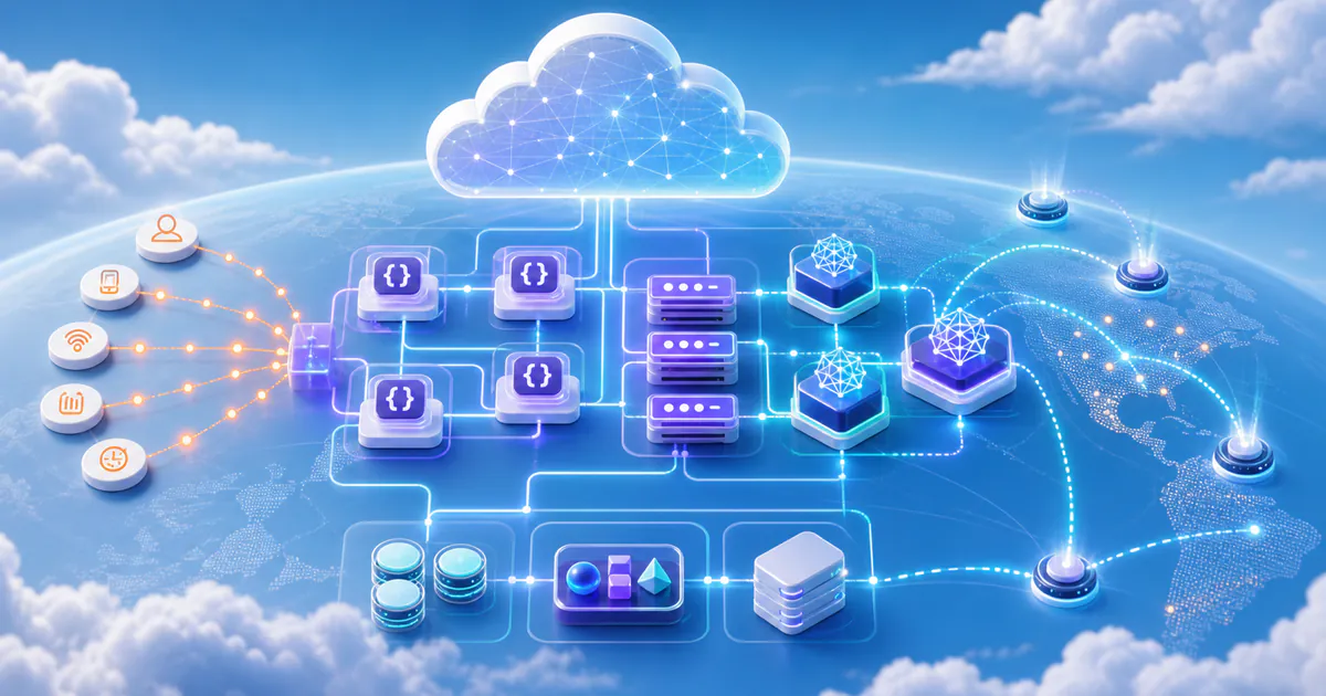 Serverless cloud architecture with edge functions, event triggers, queues, AI workload nodes, and global routing paths