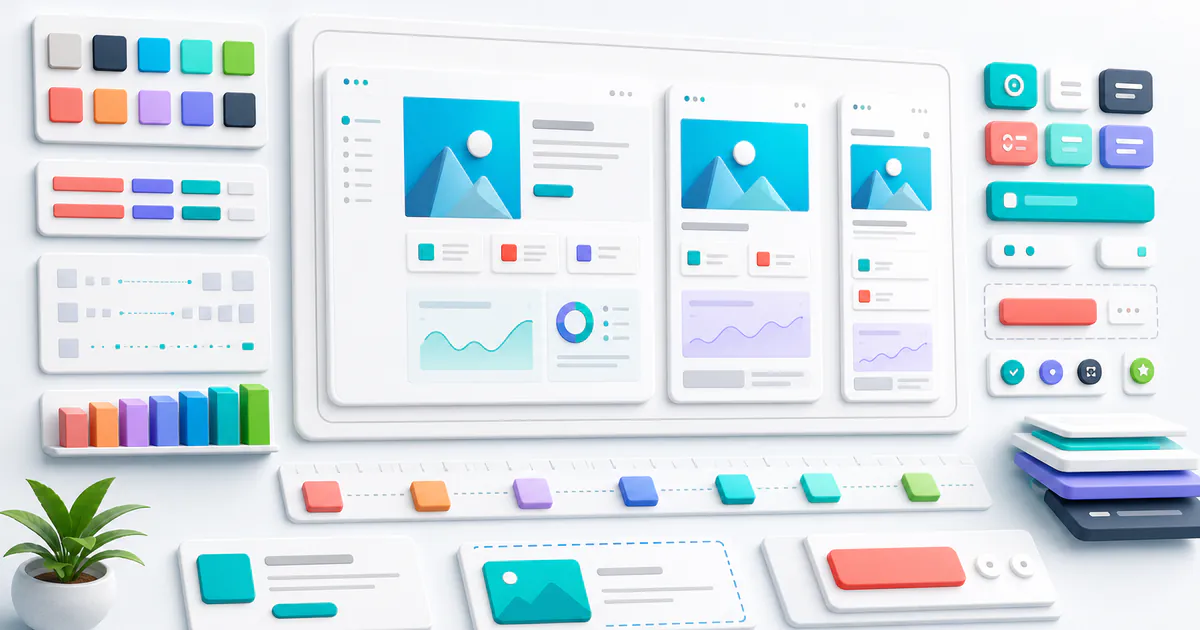 TailwindCSS design system workspace with responsive frames, color swatches, spacing tokens, and reusable UI components