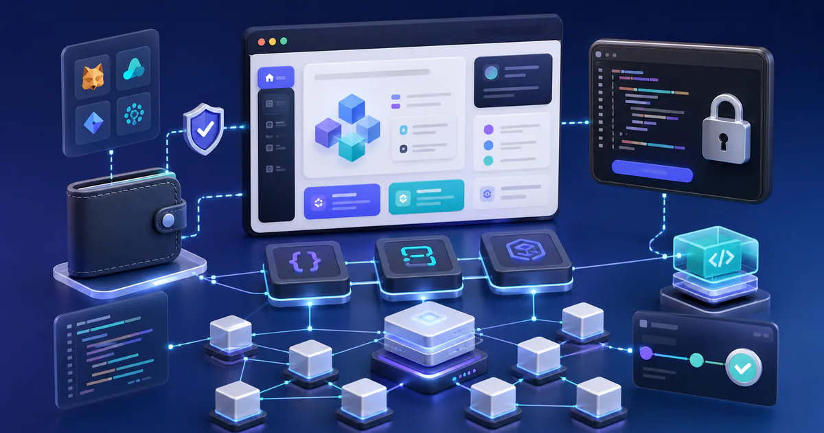 Web3 full-stack development architecture with wallet connection, smart contract blocks, dApp interface, blockchain nodes, and security flow